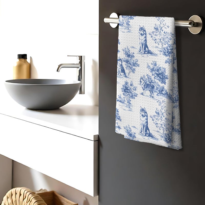Nipil Chinoiserie Husky Dog Kitchen Towels,Blue and White Floral Botanical Husky Grandmillennial Weiner Dog Decorative Hand Towels for Kitchen Bathroom,16x24 Inch - Image 3